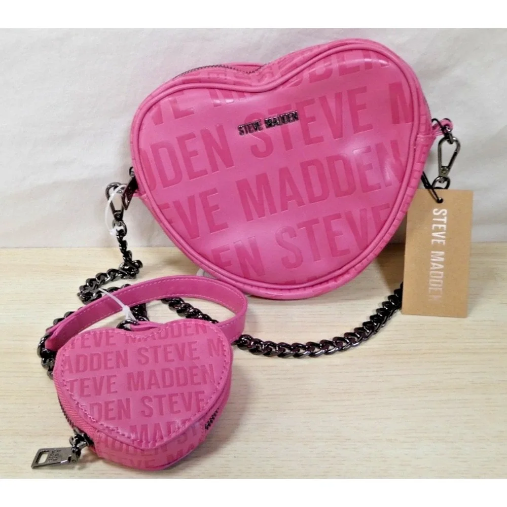 Steve Madden Pink Heart Shaped Crossbody Bag w/ Coin Purse, Zip Closure